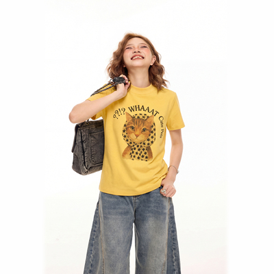 美式复古卡通猫咪印花黄色小高领短袖t恤女夏季显瘦短款正肩上衣