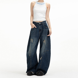 百搭休闲长裤 女宽松vintage直筒阔腿裤 潮 复古破洞弯刀牛仔裤 美式