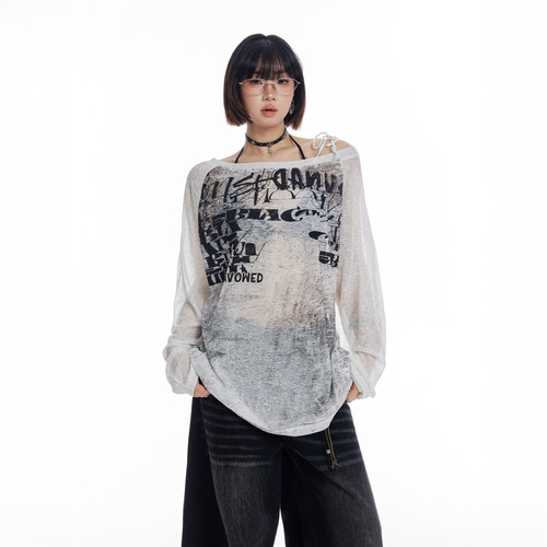 慵懒感亚文化喷绘微透长袖T恤女