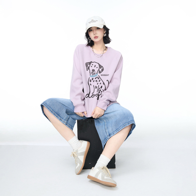美式复古卡通小狗印花圆领浅紫色卫衣女宽松春秋季长袖上衣外套潮