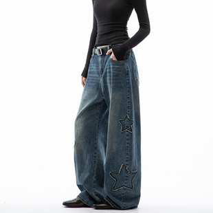 设计感宽松直筒阔腿裤 女秋2025新款 潮 复古星星贴补弯刀牛仔裤 美式