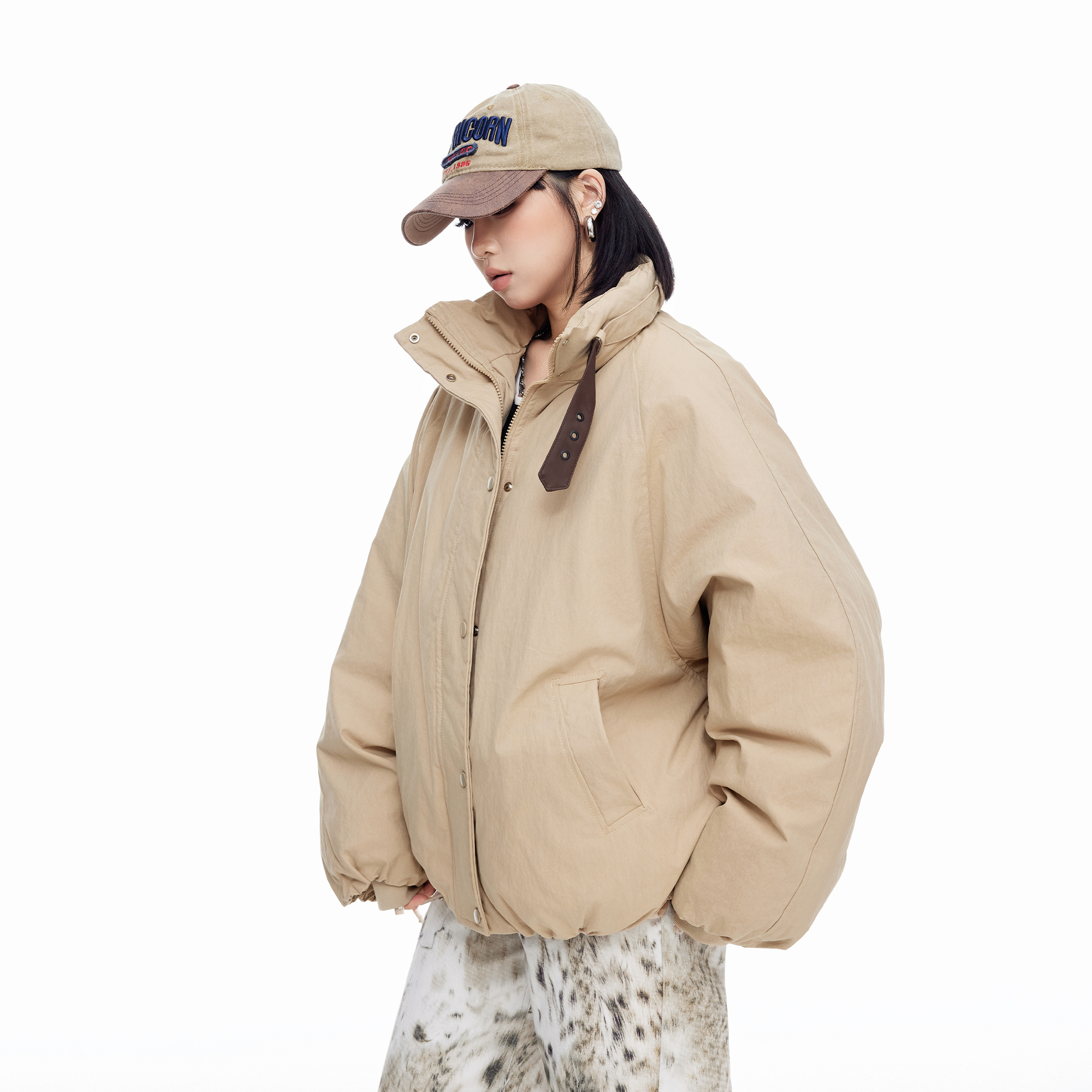 美式卡其色立领棉服女款2025新款中性风宽松加厚面包服棉衣外套潮