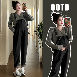 孕妇背带裤秋冬新款牛仔连体裤新品上衣+韩版牛仔背带裤长袖秋冬