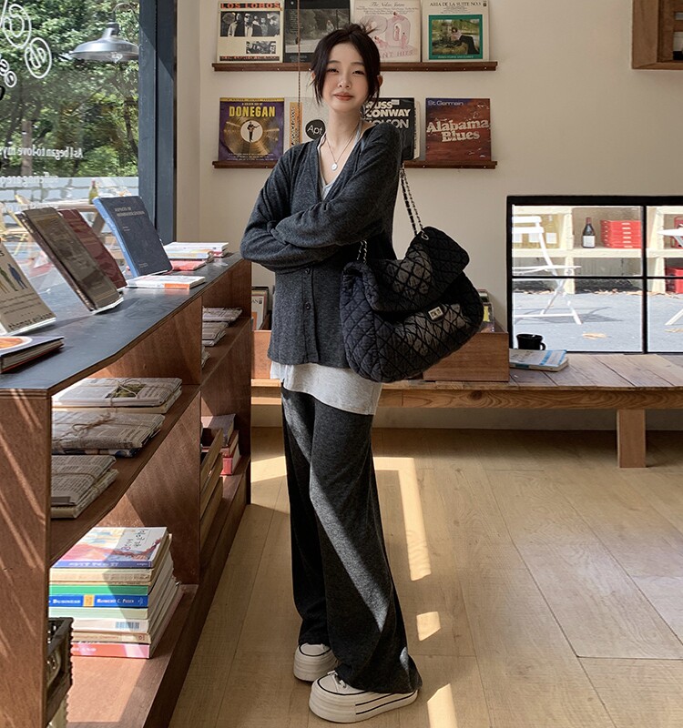 PREGNANT WOMAN CASUAL SUIT SPRING AND AUTUMN NEW LOOSE THREE-PIECE SET AUTUMN COMMUTER SET CARDIGAN TOP + WIDE-LEG PANTS SET