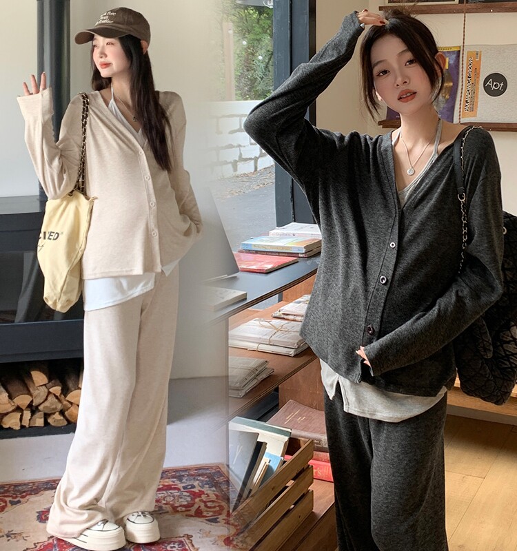 PREGNANT WOMAN CASUAL SUIT SPRING AND AUTUMN NEW LOOSE THREE-PIECE SET AUTUMN COMMUTER SET CARDIGAN TOP + WIDE-LEG PANTS SET