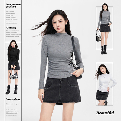 内搭灰色长袖T恤秋季2024新款修身褶皱辣妹本高龄打底衫上衣潮