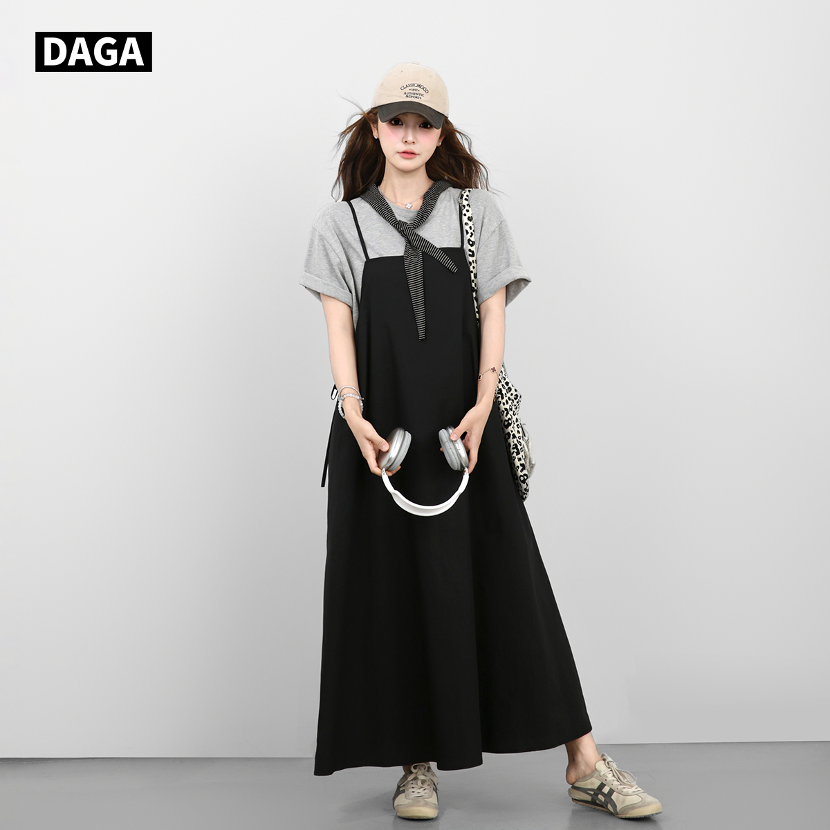 DAGA韩系冷淡系连衣裙女显瘦遮肚微胖大码宽松休闲吊带长裙两件套