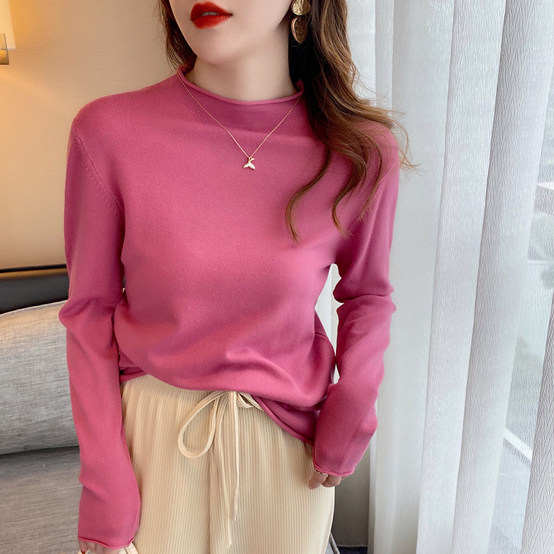 梅子色毛衣打底衫女2024新款春秋半高领针织内搭中领薄款羊绒上衣