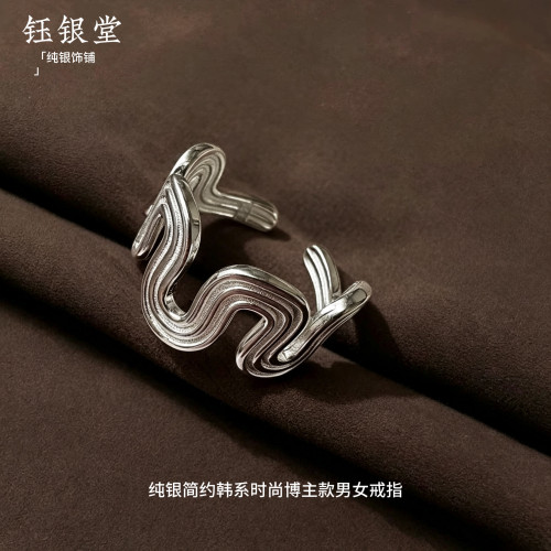 S925纯银小众波浪纹理戒指复古简约百搭男女韩系时尚博主款指环