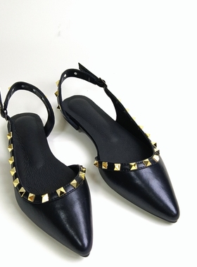 小码31 32 33平底单鞋真皮法式尖头黑色大码41-43铆钉包头凉鞋女