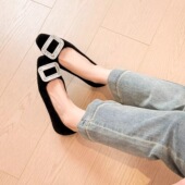 313233方头单鞋 黑色绒面平底水钻扣气质浅口大码 小码 43女鞋 舒