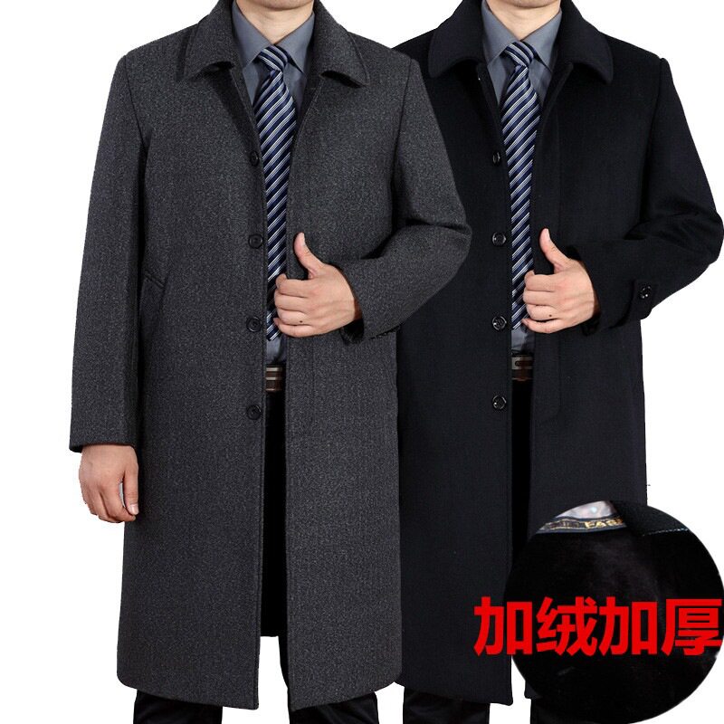 男士毛呢大衣中老年毛呢外套过膝长款呢子上衣爸爸加绒加厚冬装