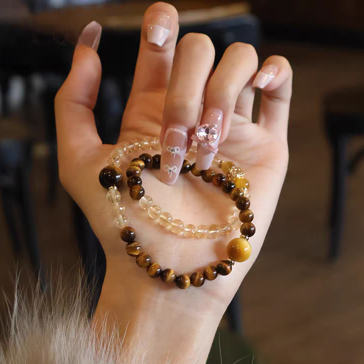 天然虎眼石黃水晶雙圈手鏈女疊戴黃阿賽招財轉(zhuǎn)運手串生日禮物