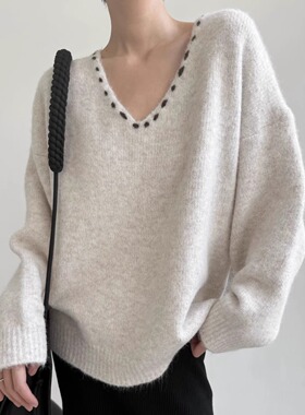 TAI胎。小众设计感 软糯慵懒V领显瘦毛衣加厚长袖针织显瘦上衣冬