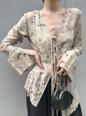 TAI胎。绝美不锁边！显瘦暗黑水墨印花新中式清冷系上衣衬衫春夏