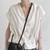褶皱收腰设计风暗黑V领衬衫 TAI胎 小众亚麻质感 宽松显瘦百搭夏