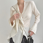 TAI胎 显瘦春夏 收腰白衬衫 独特设计感 暗黑不规则荷叶V领喇叭袖