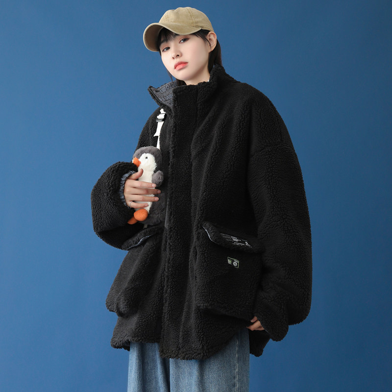 2026冬季新款港风大码中性蓝底两面穿羊羔毛外套M-3XL-MY012-P125,女装短外套,星座417-1（原电商B245）