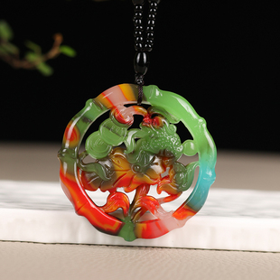 和田玉七彩玉镂空雕刻金蟾莲花挂件玉佩牌子男女款 项链吊坠毛衣链