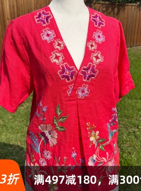 清仓美国直邮高货红色JW亚麻刺绣短袖上衣断码不换不退