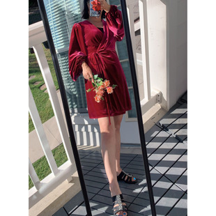 清仓美国丝绒裹身墨绿色红色黑色连衣裙断码换季特卖清仓接受微瑕