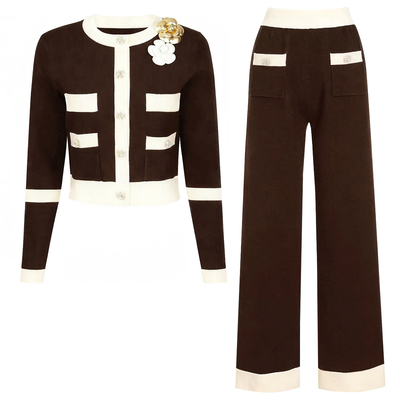 高端品质春秋新款针织网红花朵别针长袖上衣外套+长裤套装女25252