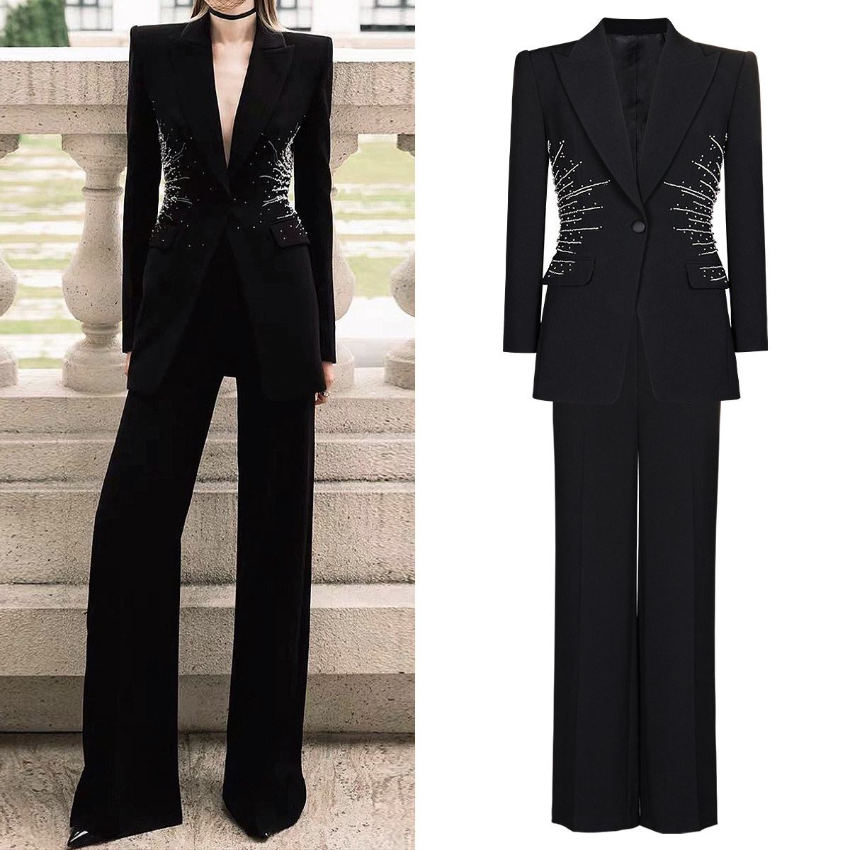 春秋新款欧时尚美网红款钉珠西装两件套气质女式西服裤套装,女装/女士精品,时尚套装,淘宝优惠券,粉丝福利购,淘宝优惠卷