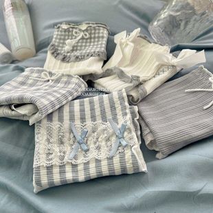 女士甜美蕾丝边纯棉裆白条纹包臀中腰三角裤 日系洛丽塔纯欲内裤 女