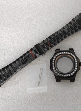 新款 手表配件41mm表壳镶钻鹦鹉螺黑色壳+表带装NH35/36机芯