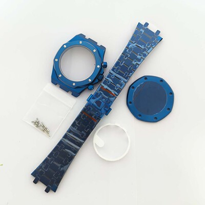手表配件改装41MM电镀蓝表壳+表带 密底蓝宝石镜面装VK63石英机芯