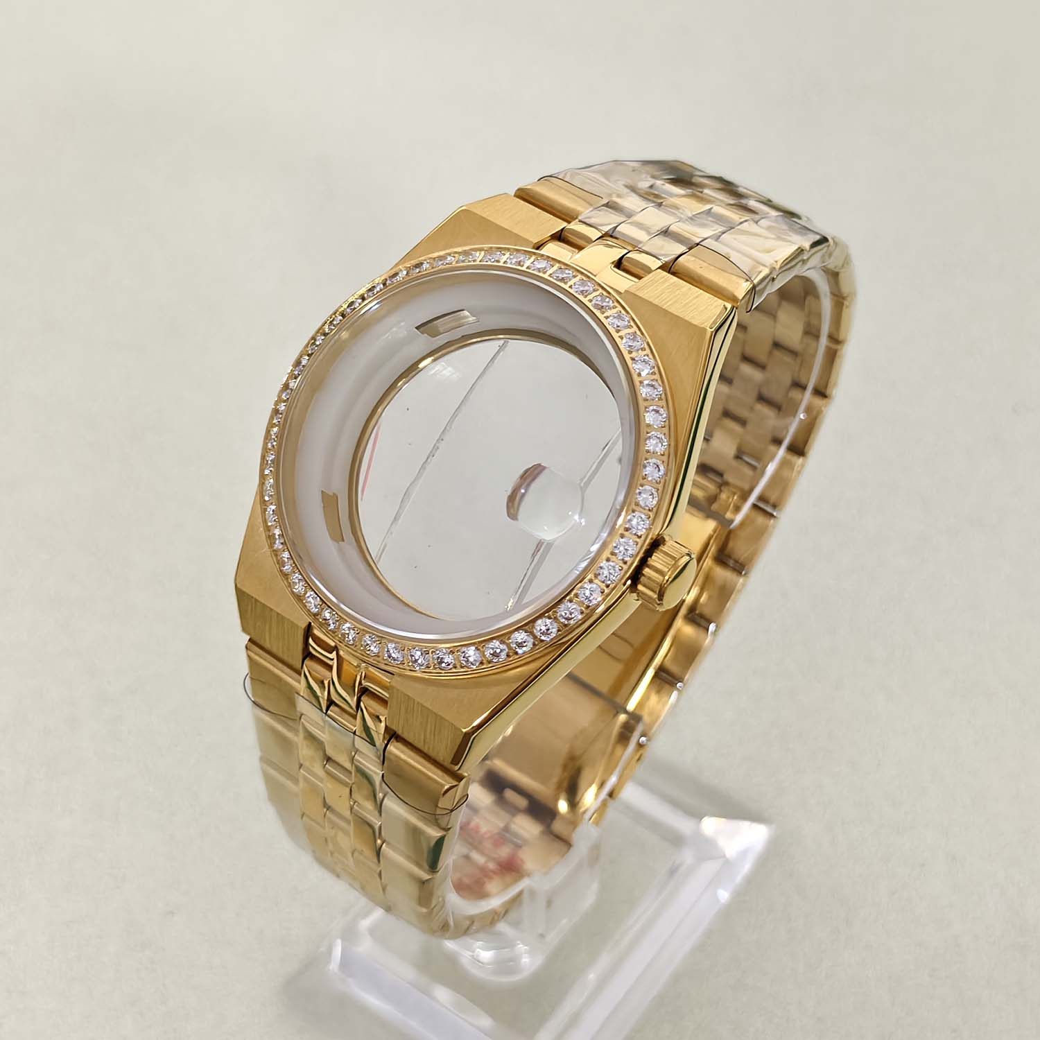 PVD电镀金色39.5MM带砖表壳透底放大镜蓝宝石镜面适合NH35/36机芯