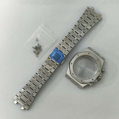 手表配件改装41MM表壳电镀黑钢金玫壳+表带 蓝宝镜面VK63石英机芯