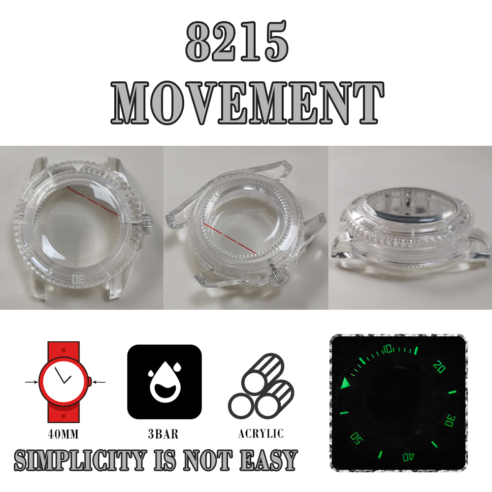SUB夜光透明塑胶表壳40mm亚克力表蒙 适合8215/8200/明珠2813机芯