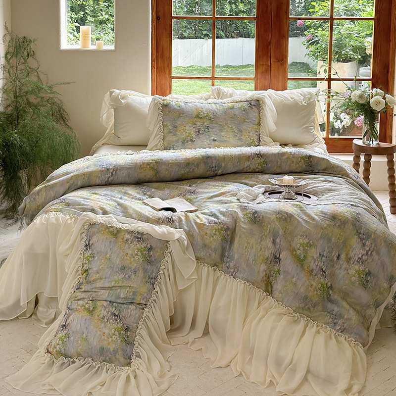 法式田园天丝棉床上四件套油画印花浪漫公主风雪纺蕾丝边被套床单