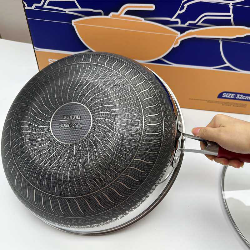 304双面屏不锈钢蜂窝炒锅 32cm不沾炒鼎无涂层平底锅电磁炉通