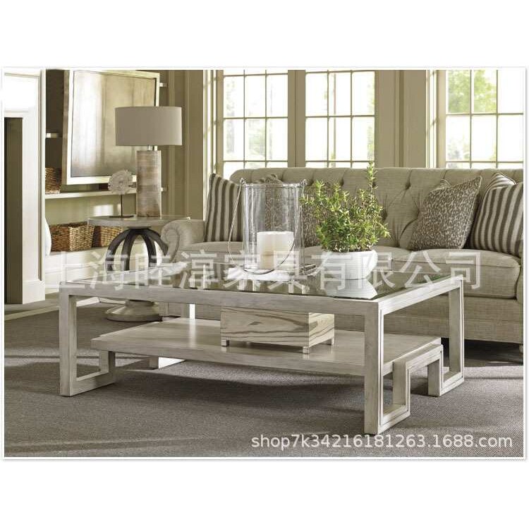 美式乡村新古典实木茶几咖啡桌边几组合玻璃桌面白色做旧实木组合