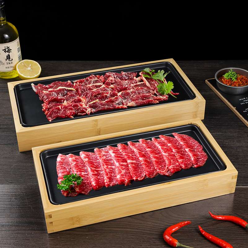 创意火锅店特色肥牛羊肉卷摆盘涮羊肉盘子竹木长方火锅配菜盘