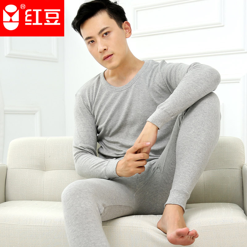 红豆秋衣秋裤套装男士100%纯棉中老年圆领保暖内衣薄款打底棉毛衫