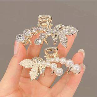 珍珠鱼尾发夹女高级感蝴蝶抓夹气质后脑勺半扎发鲨鱼夹子头饰发卡