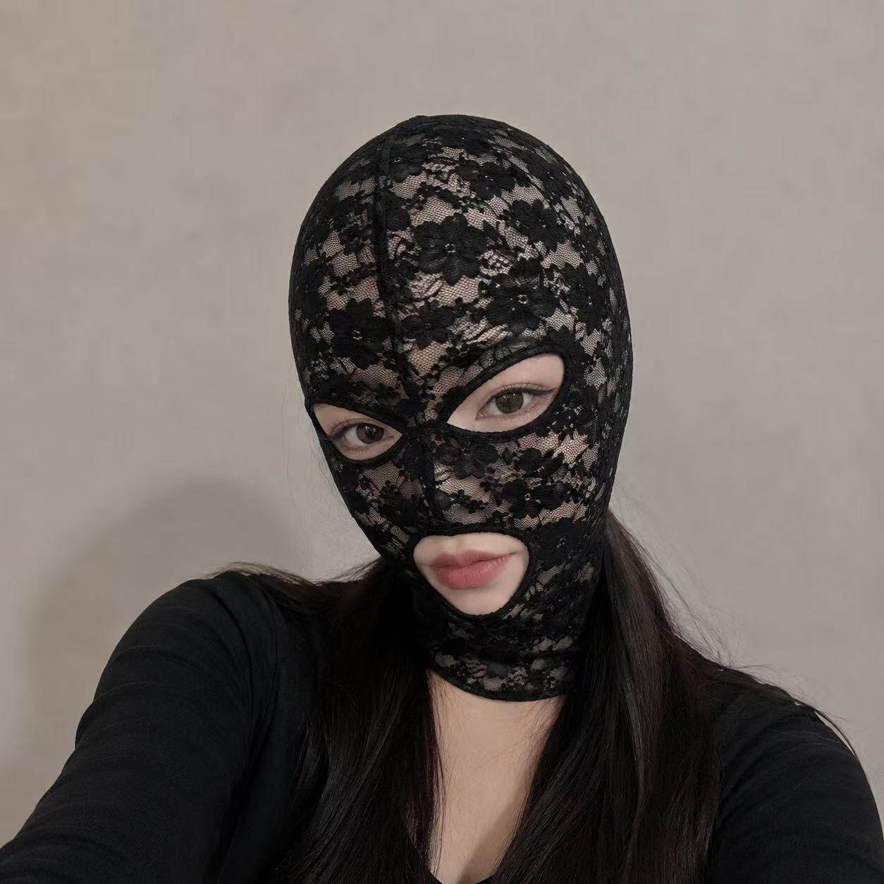 黑色花蕾丝蒙面头套弹力面罩全包面具漏嘴女生戴角色神秘cos演出