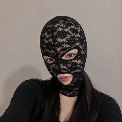 黑色花蕾丝全包漏嘴头套COS