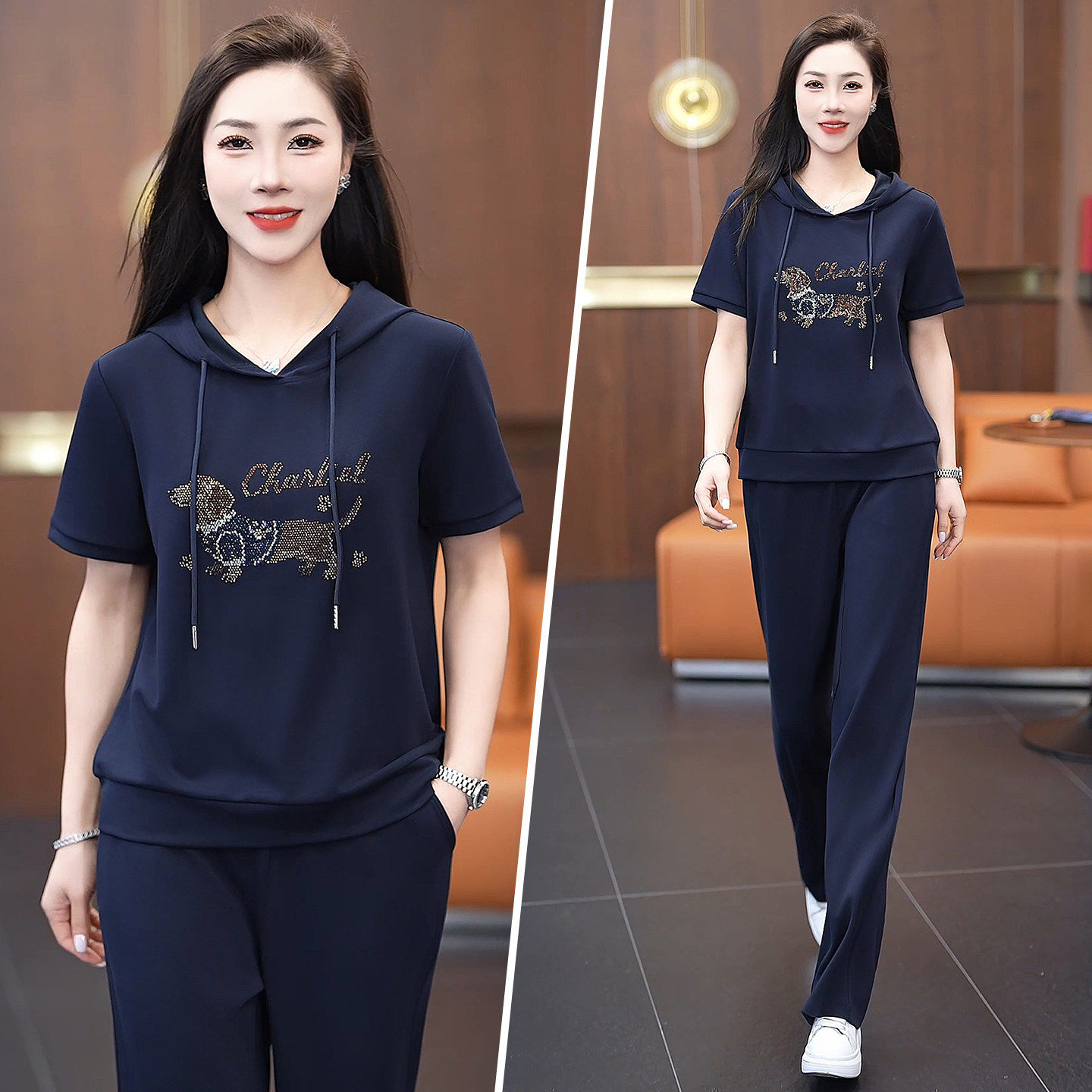 连帽休闲套装女2026夏季新款短袖长裤两件套宽松减龄印花运动服潮