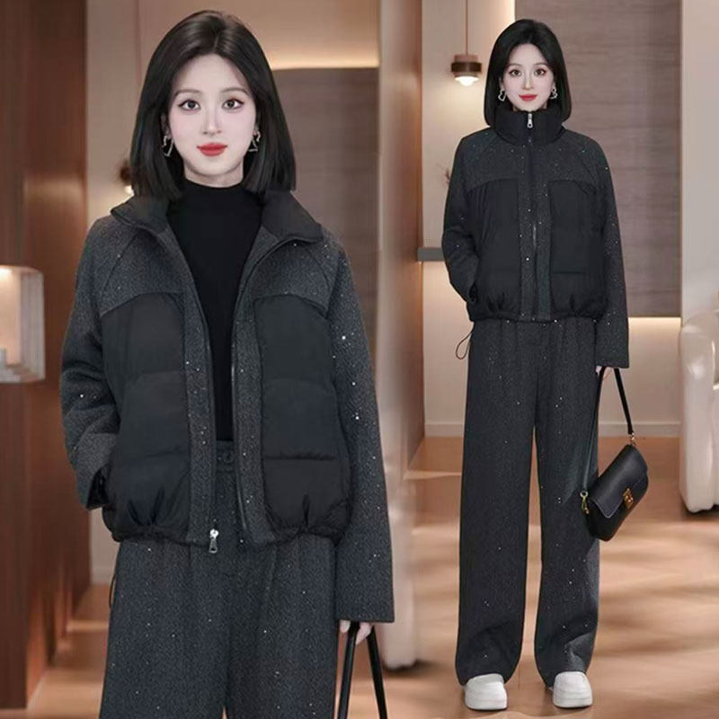 高级感亮片毛呢拼接立领棉服外套高腰直筒裤两件套时尚套装女秋冬