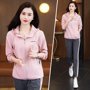 运动服套装女2026新款早春时尚洋气连帽外套大码跑步休闲减龄整套
