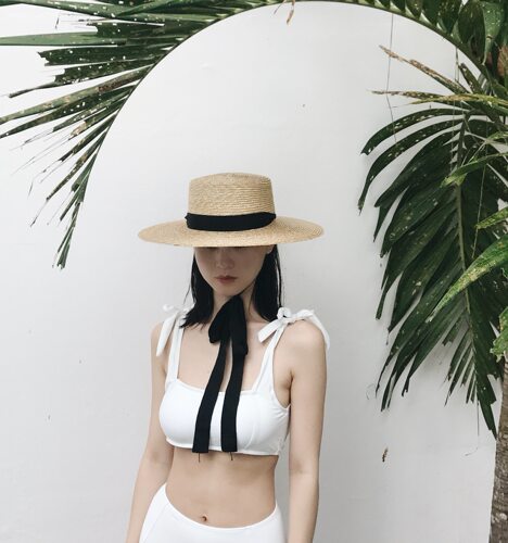monana春夏平顶麦秆飘带甜美草帽