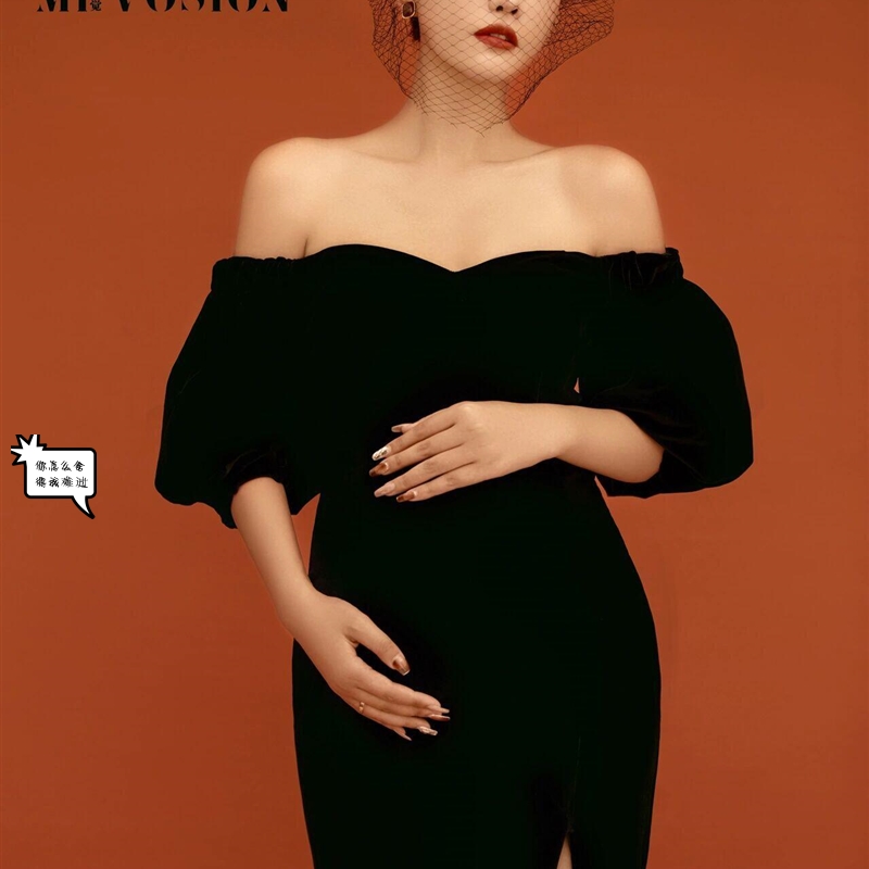 孕妇照服装黑色高级丝绒连衣裙影楼写真摄影艺术样片孕妈拍照服装