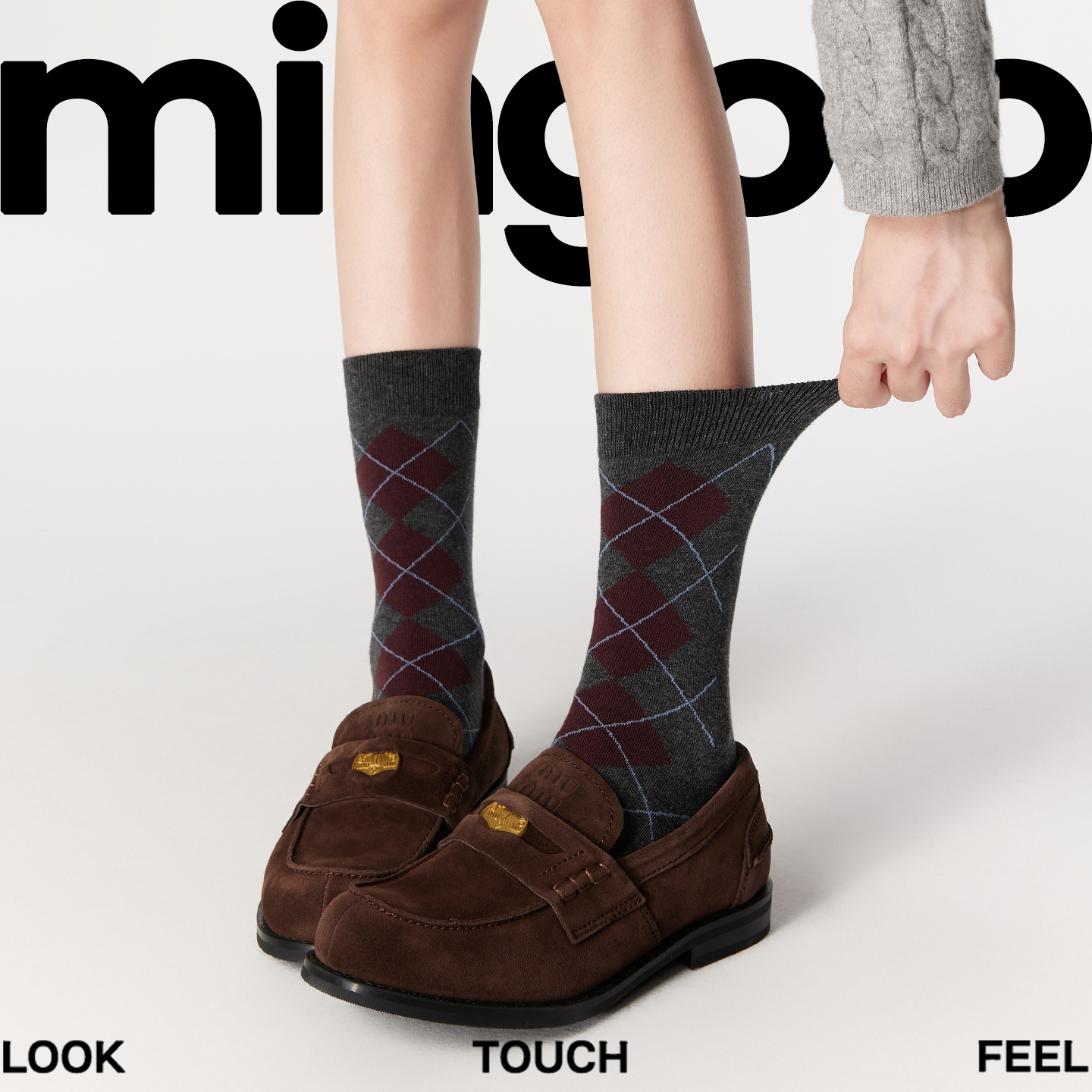 灰色小腿袜女秋冬菱格学院风