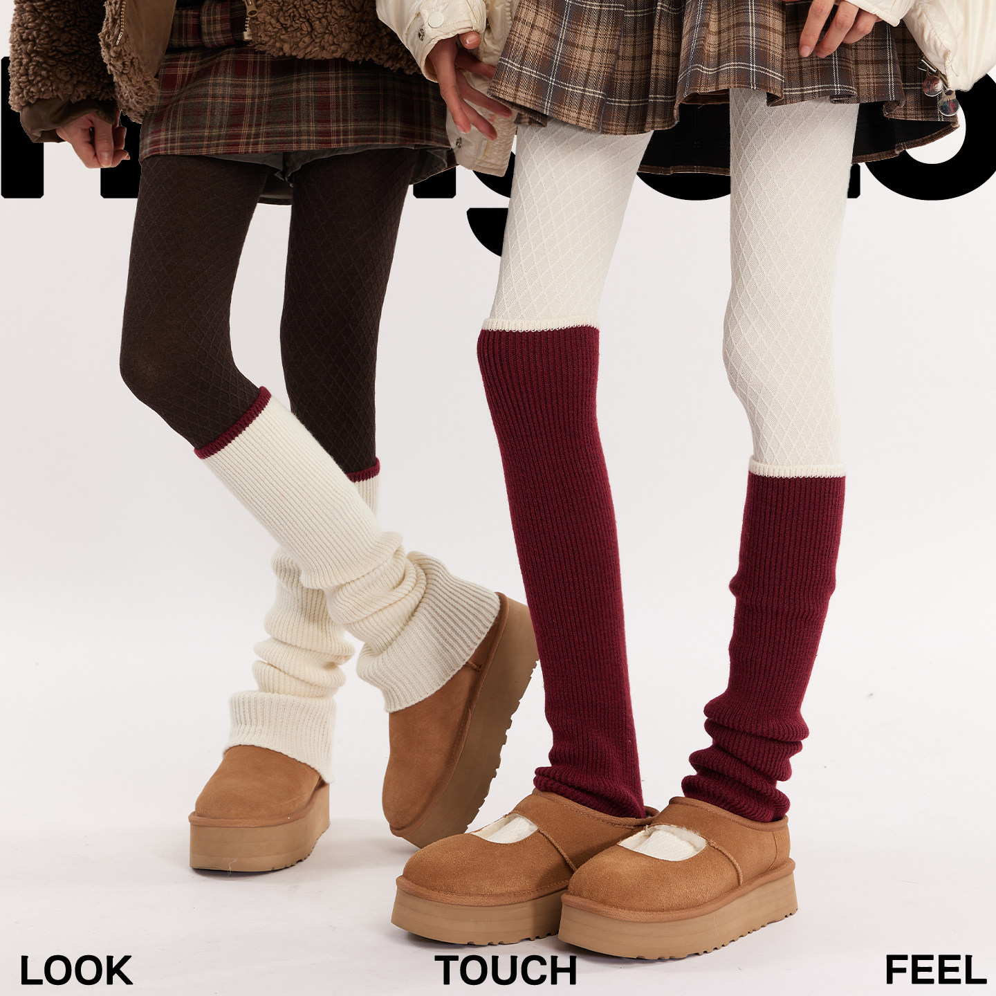 安哥拉红小腿袜女秋冬新款撞色竖条纹百搭保暖护膝护腿长筒袜套