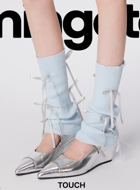 甜美蝴蝶结芭蕾风腿套女款竖纹针织显瘦艺术生袜秋冬款蓝色小腿袜