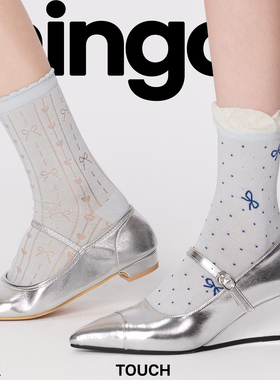 mingoto花边蝴蝶结中筒袜蓝色透气镂空舒适甜美芭蕾风袜子女